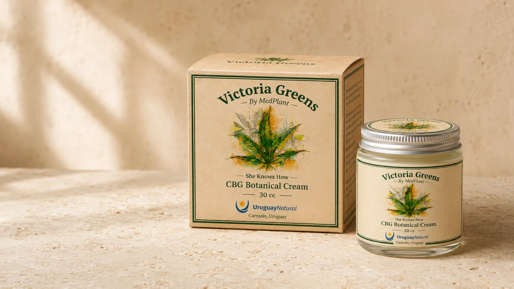 Victoria Greens CBG Botanical Cream, frasco de 30 cc y caja